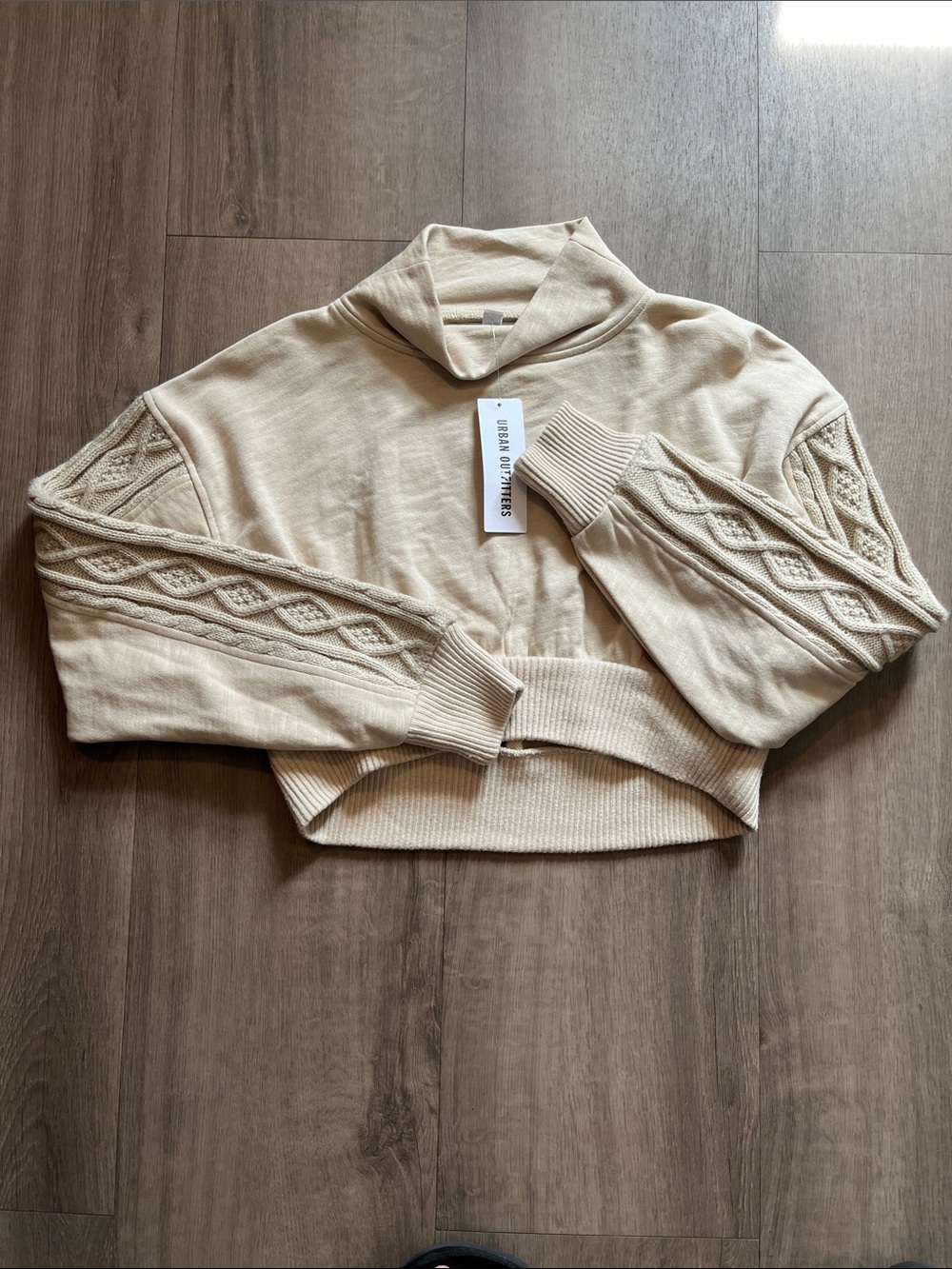 Urban Outfitters Cream Cable-Sleeve Cropped Turtleneck Sweater